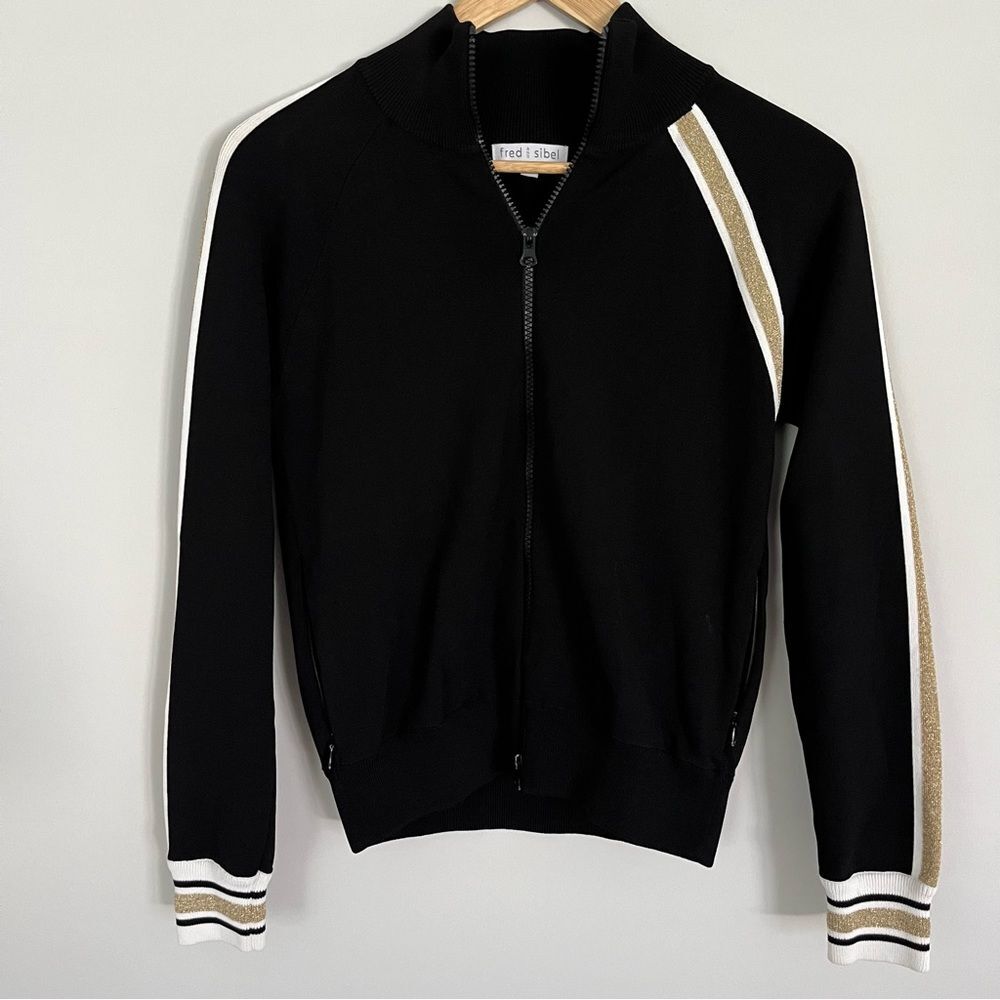 Anthropologie Fred and Sibel Black Full Zip Jacket w/ Gold Metallic Stripe Sz XS